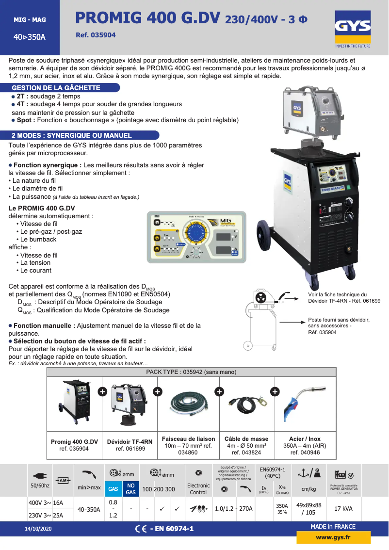 Página 1 del manual Ficha técnica GYS Promig 400 G DV