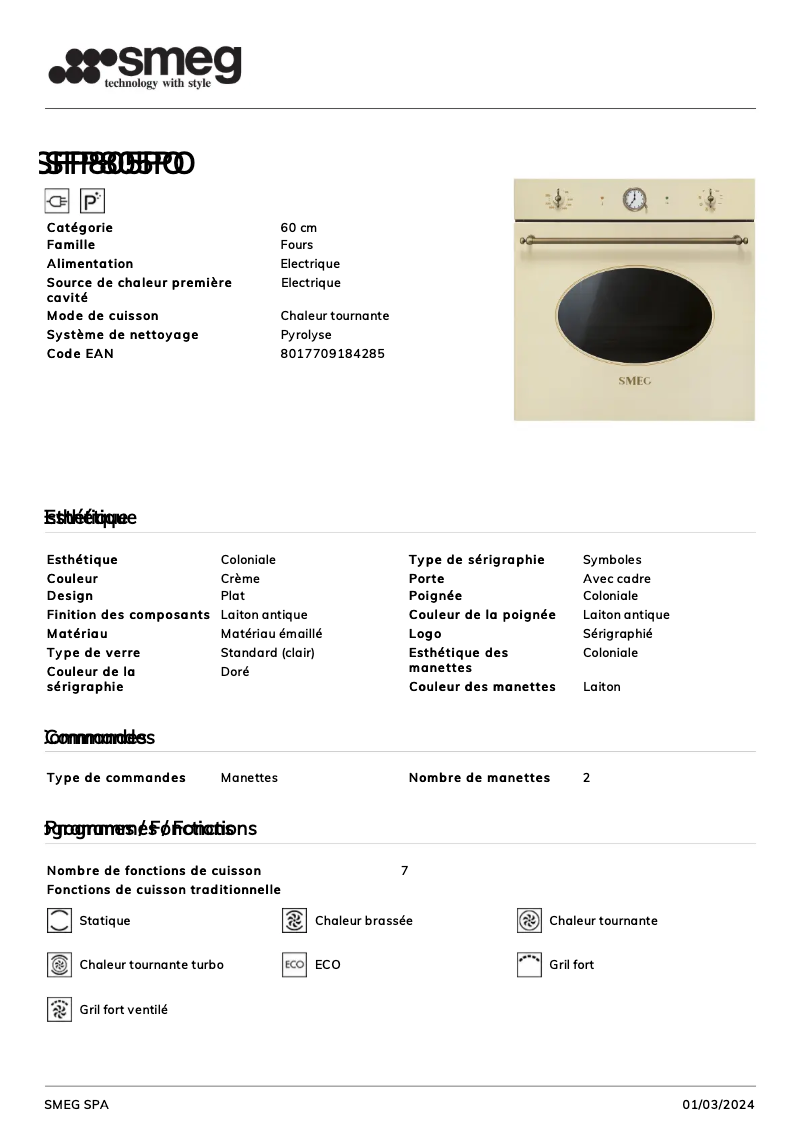 Página 1 del manual Ficha técnica Smeg SFP805PO