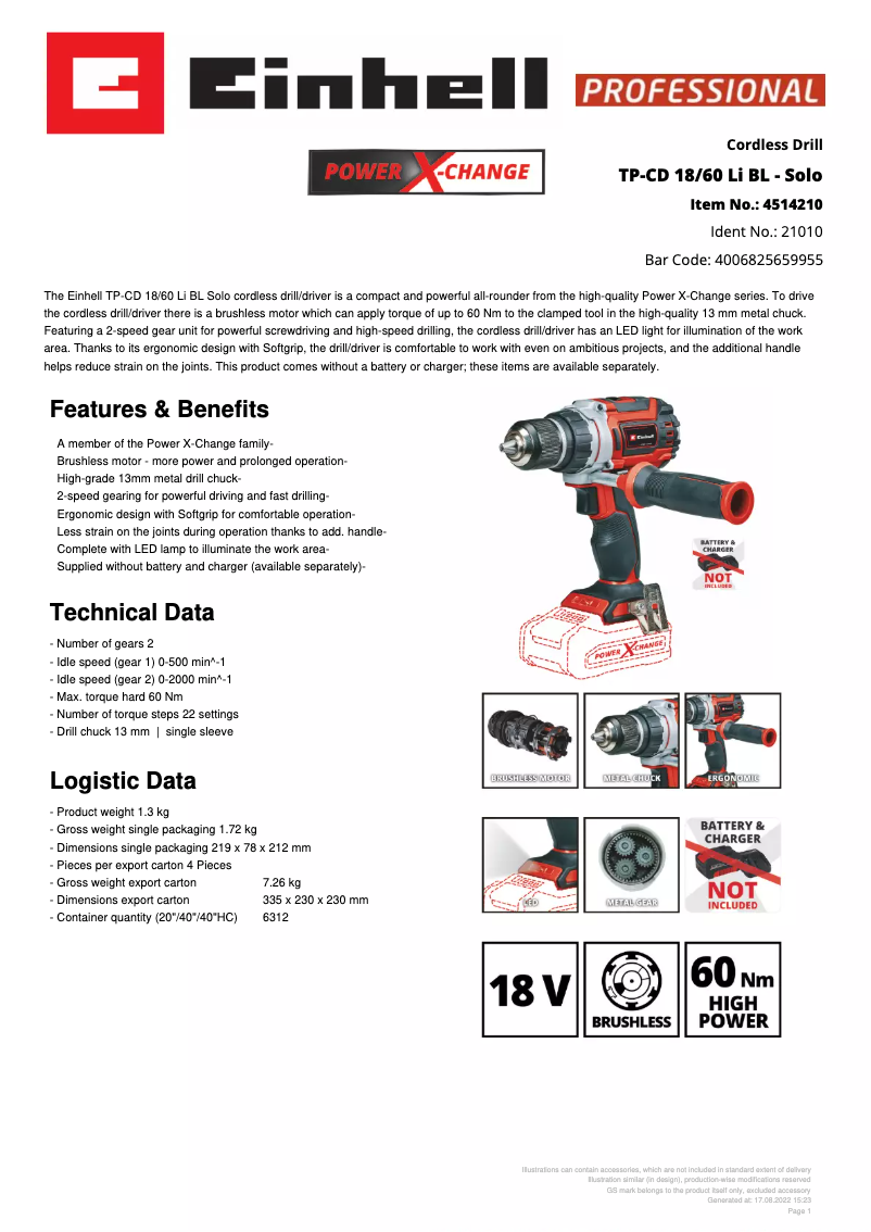 Página 1 del manual Ficha técnica Einhell TP-CD 18/60 Li BL