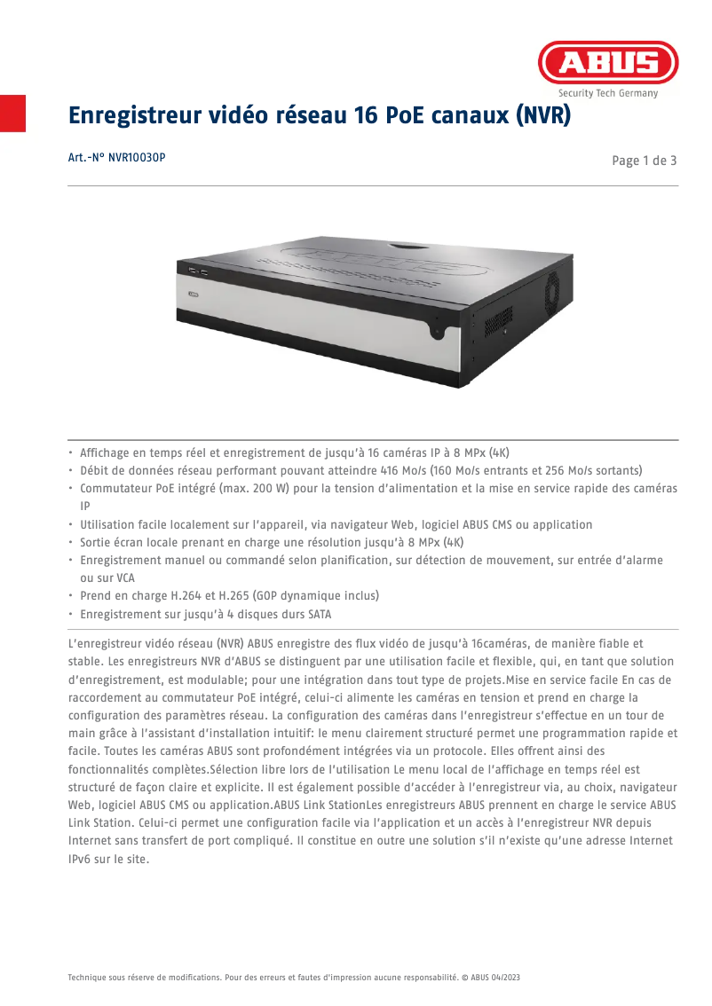 Imagen de la primera página del manual del dispositivo NVR10030P