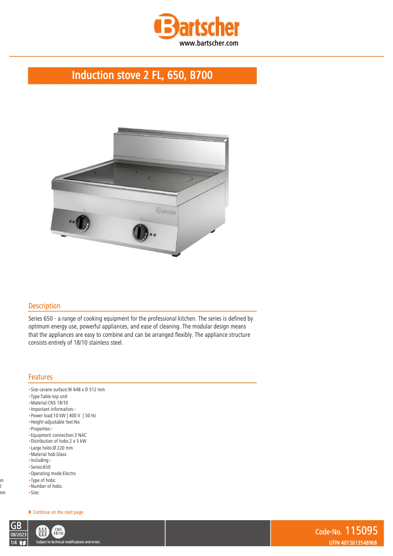 Página 1 del manual Ficha técnica Bartscher 115095