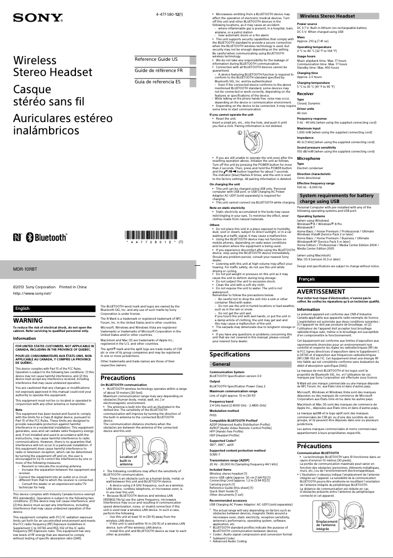 Imagen de la primera página del manual del dispositivo MDR-10RBT