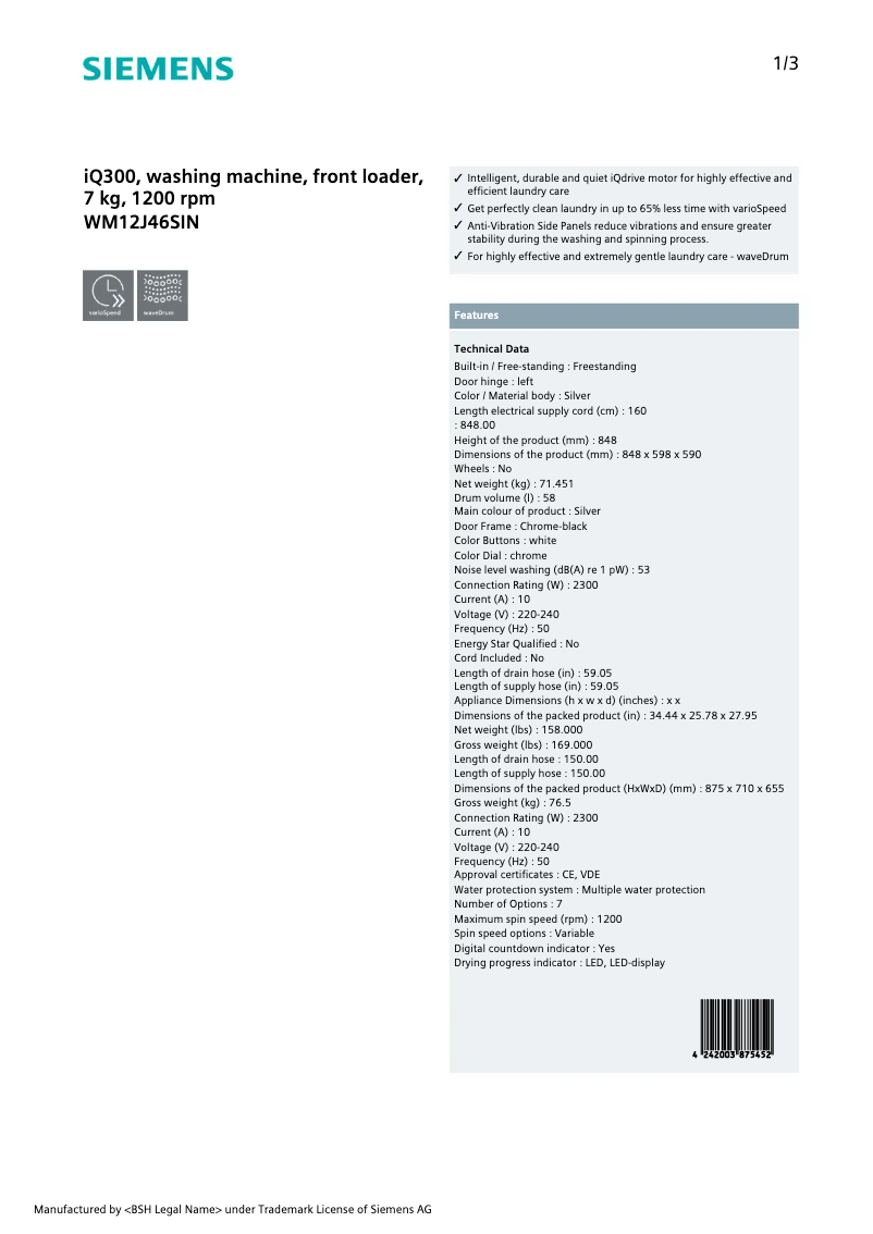 Página 1 del manual Ficha técnica Siemens WM12J46SIN