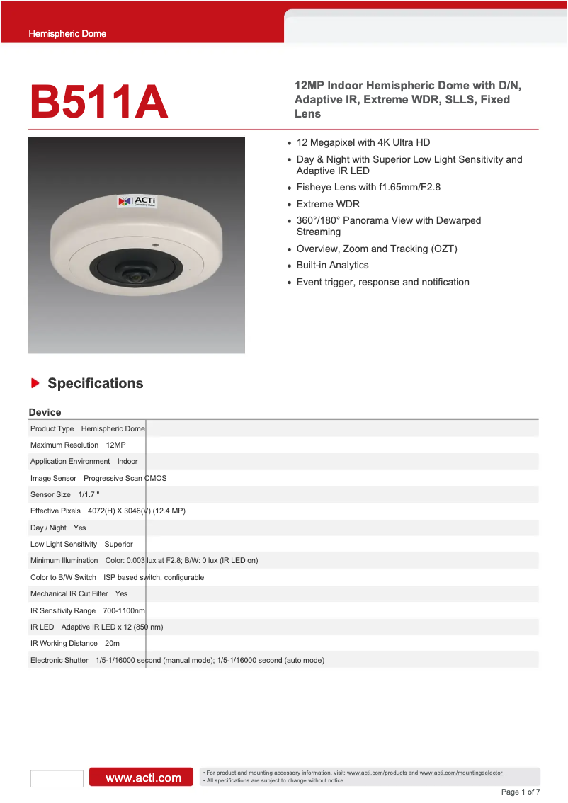 Página 1 del manual Ficha técnica ACTi B511A