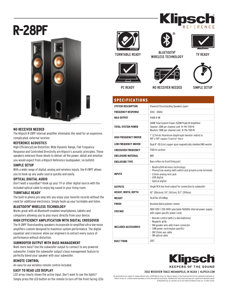 Página 1 del manual Ficha técnica Klipsch Reference R-28PF