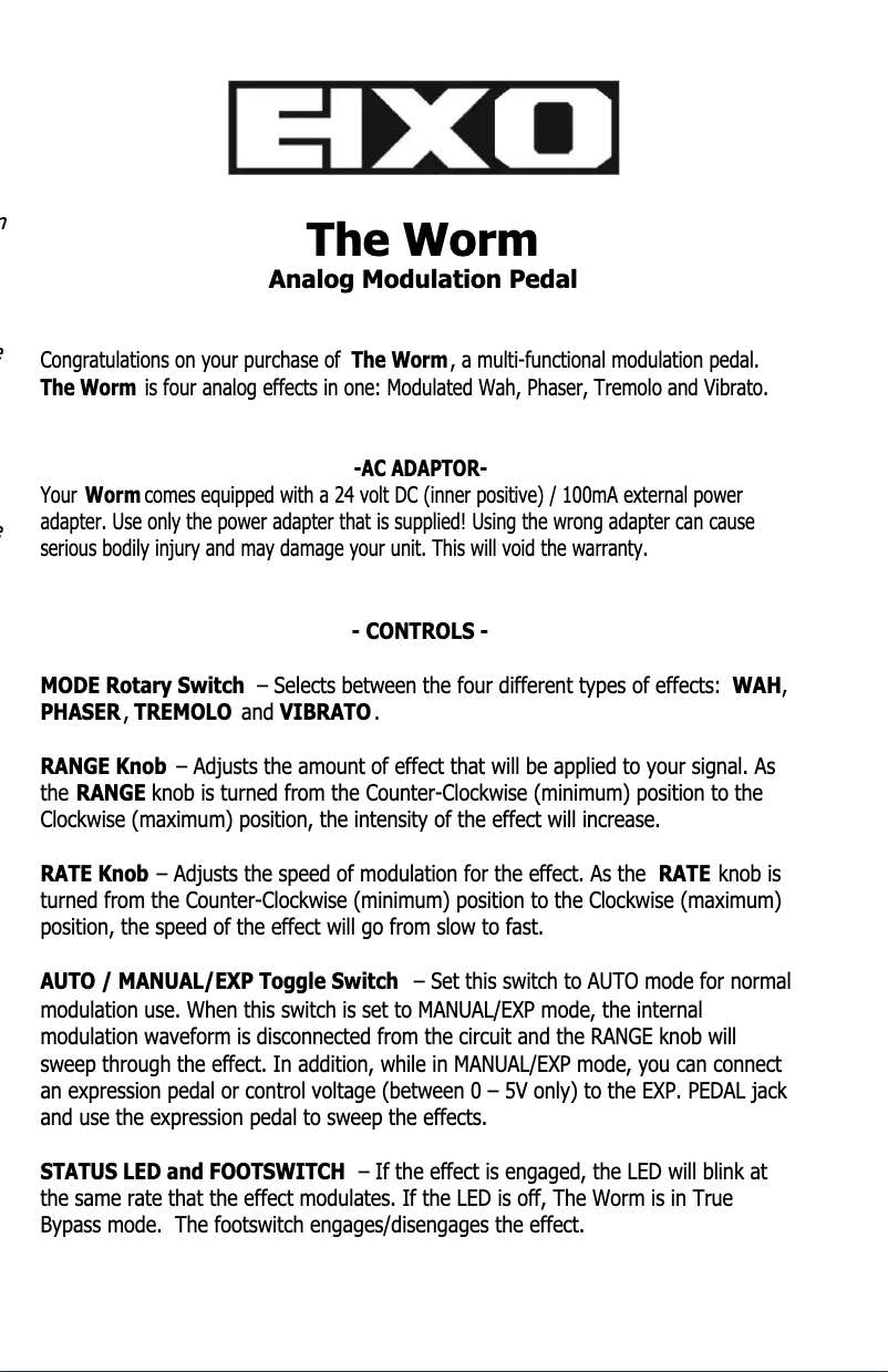 Página nº 1 - Manual de usuario Electro Harmonix The Worm