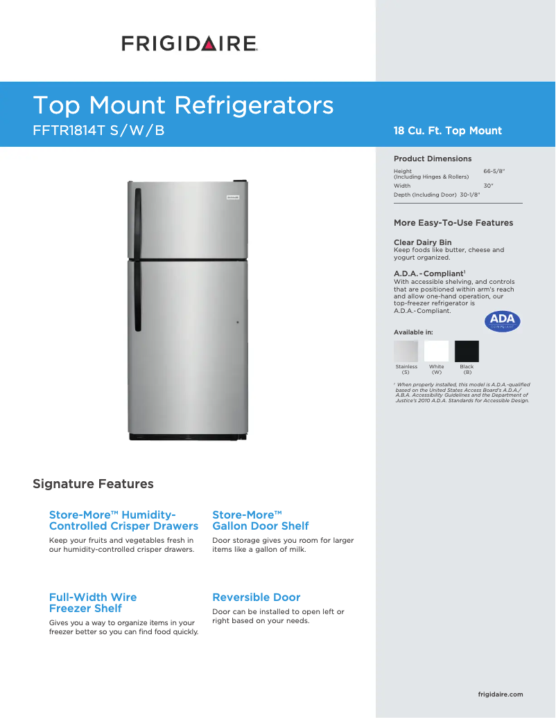 Página 1 del manual Ficha técnica Frigidaire FFTR1814T
