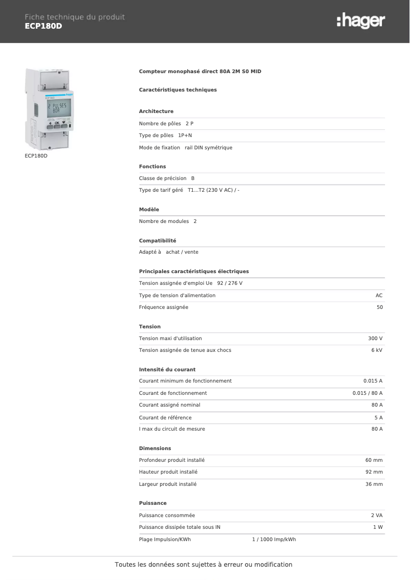 Página 1 del manual Ficha técnica Hager ECP180D