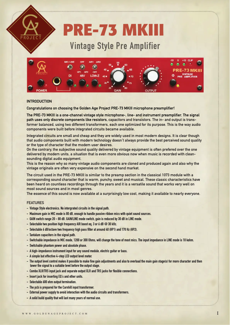 Imagen de la primera página del manual del dispositivo PRE-73 MKIII