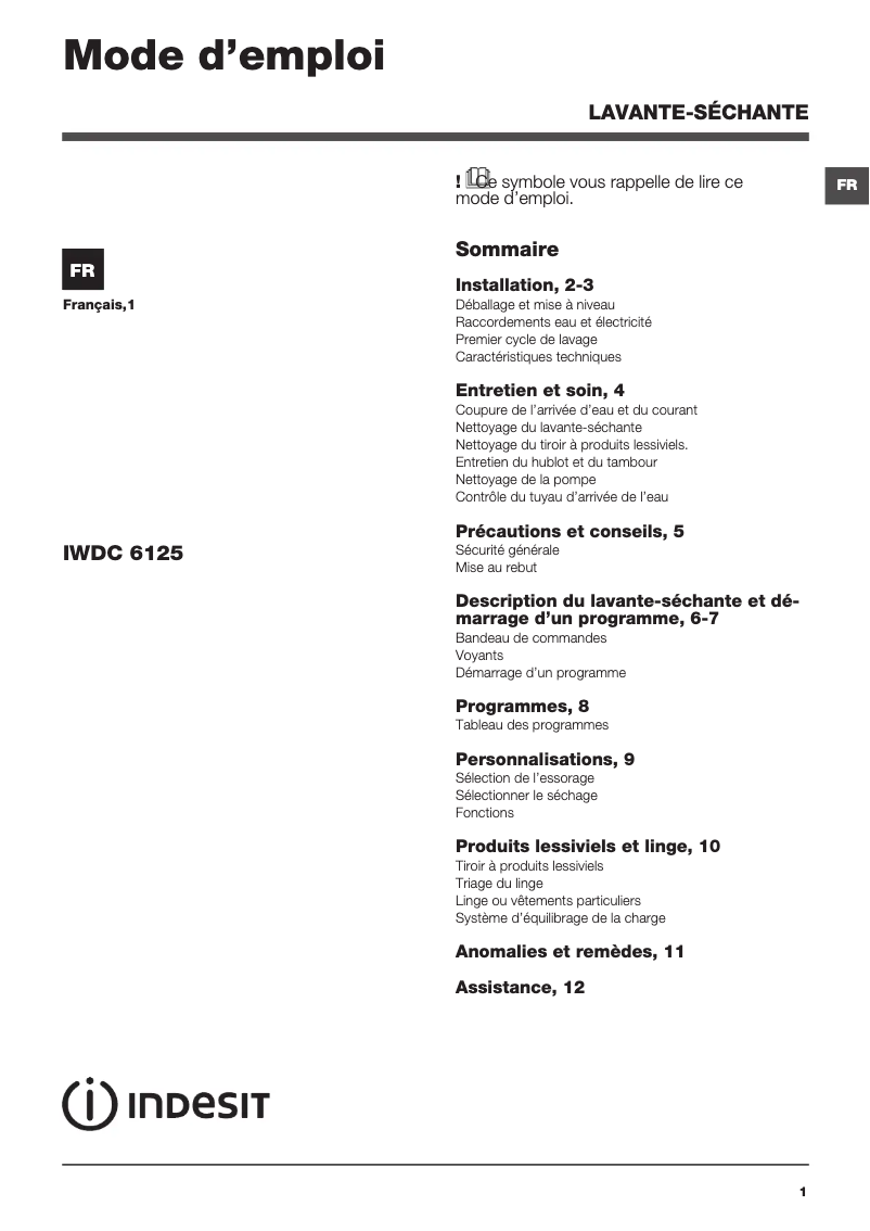 Página 1 del manual Manual de usuario Indesit IWDC 6125 (FR)