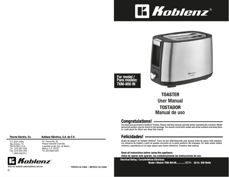 Imagen de la primera página del manual del dispositivo TKM-800 IN