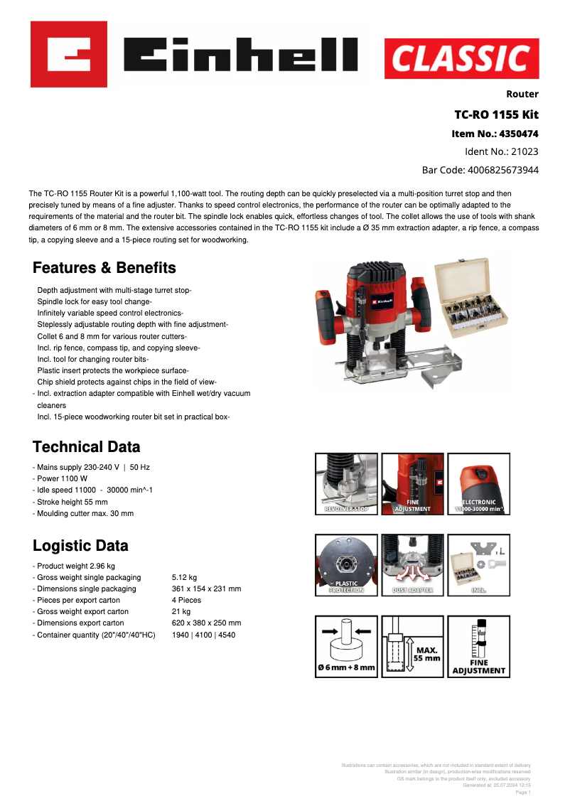 Página nº 1 - Ficha técnica Einhell TC-RO 1155 Kit