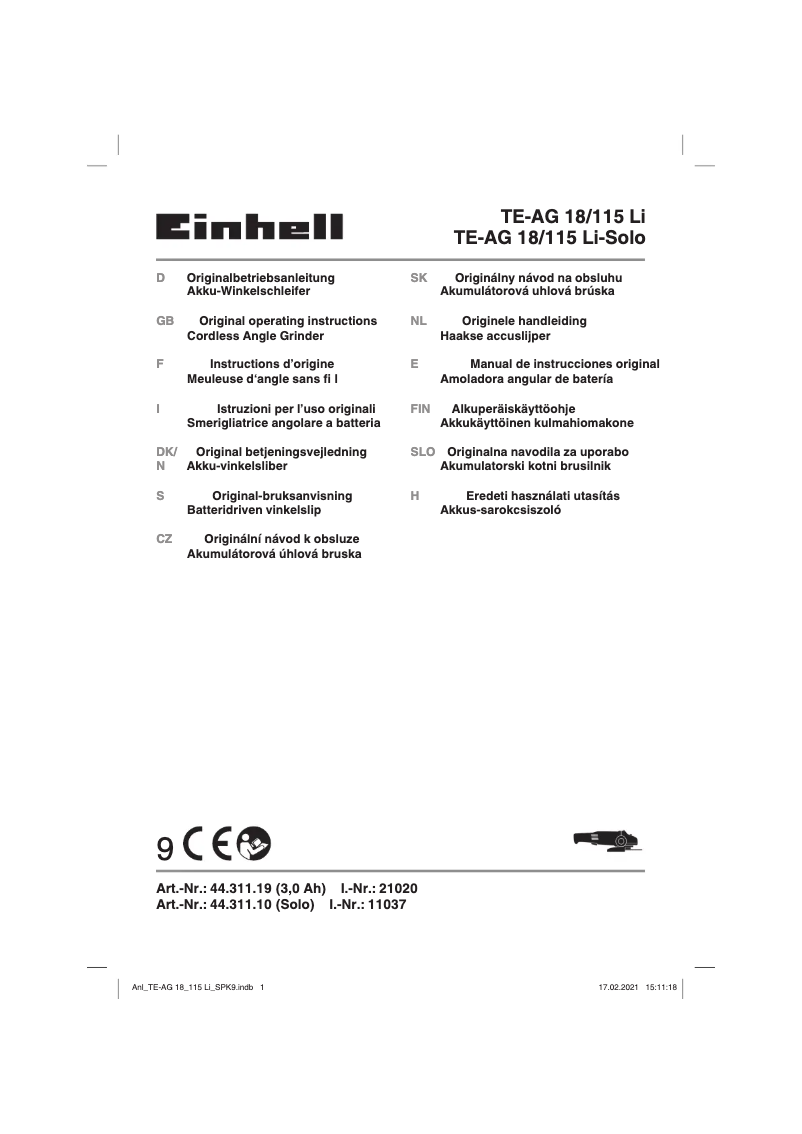 Página 1 del manual Manual de usuario Einhell TE-AG 18/115 Li