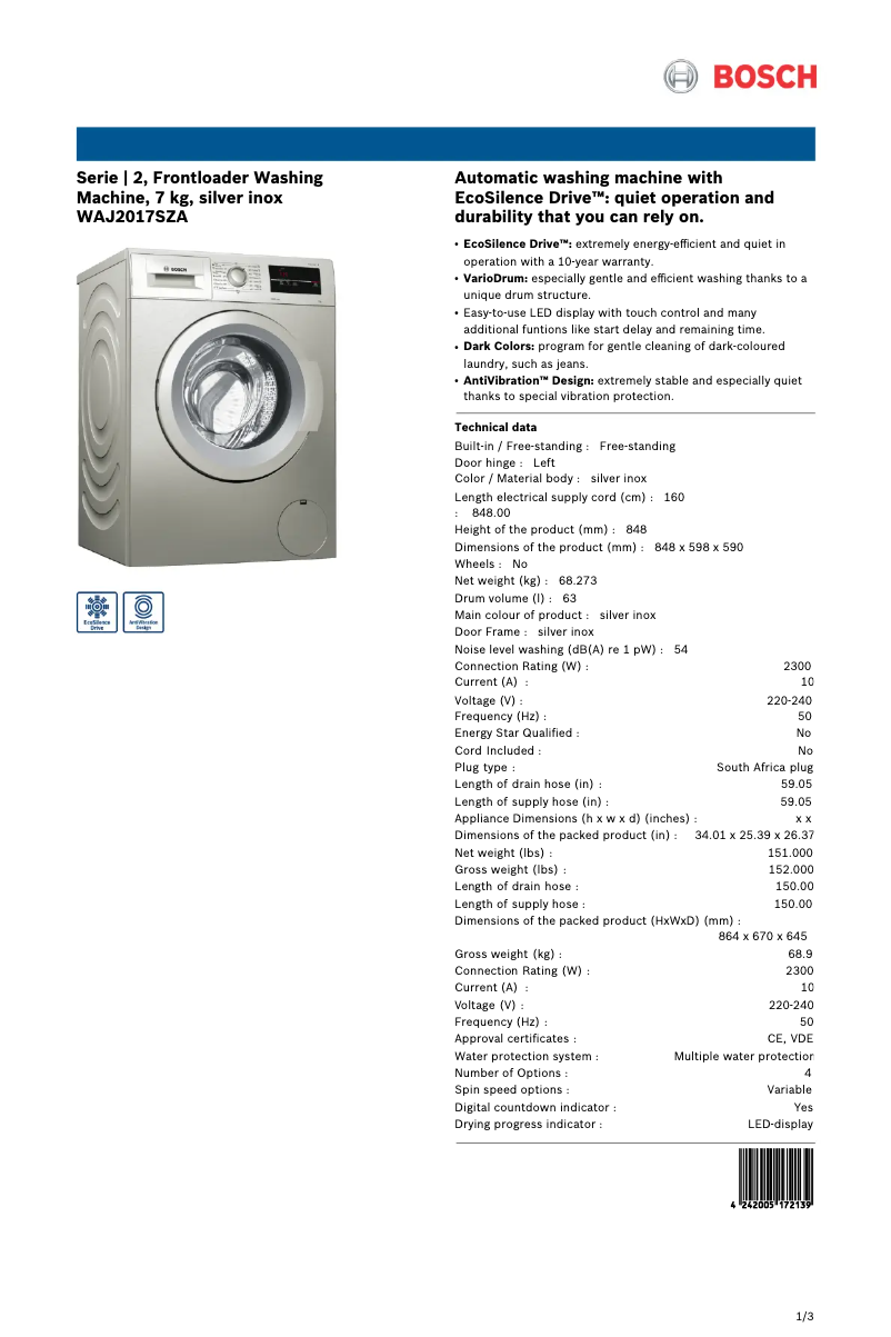 Página 1 del manual Ficha técnica Bosch WAJ2017SZA
