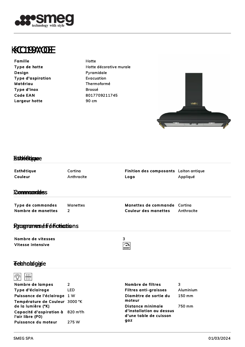 Página 1 del manual Ficha técnica Smeg KC19AOE
