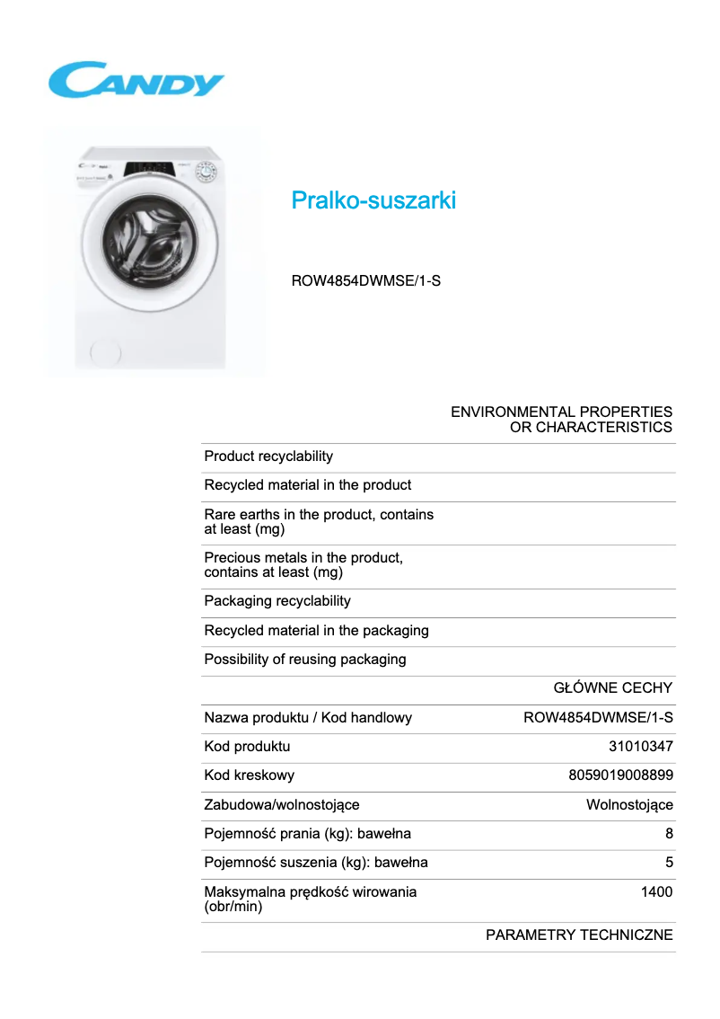 Página 1 del manual Ficha técnica Candy ROW4854DWMSE/1-S