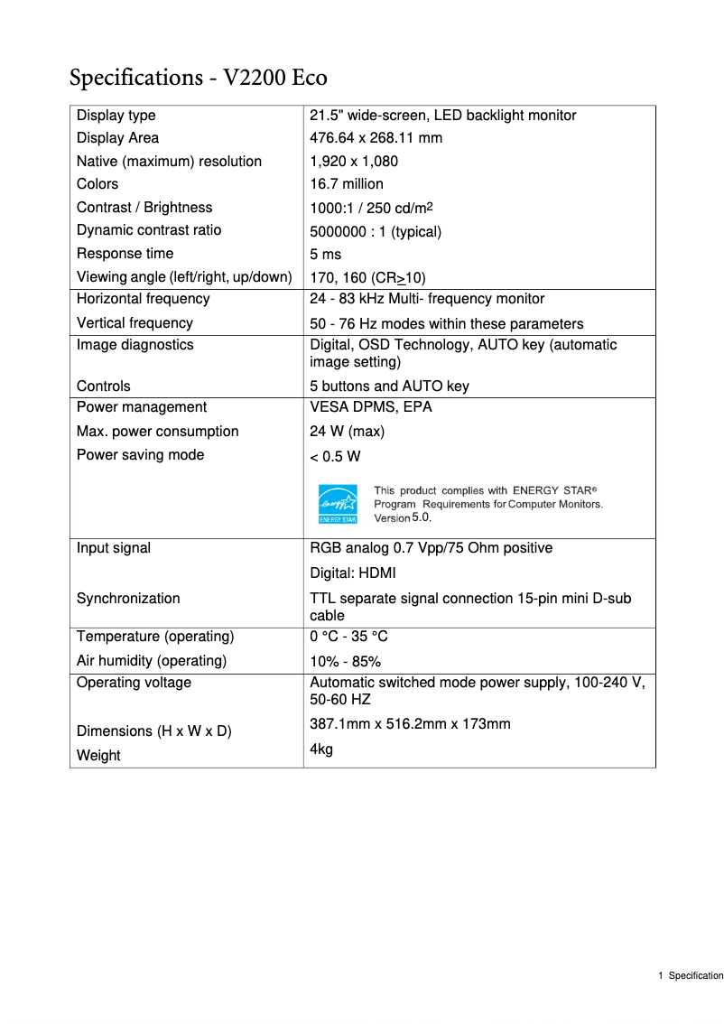 Imagen de la primera página del manual del dispositivo V2200 Eco