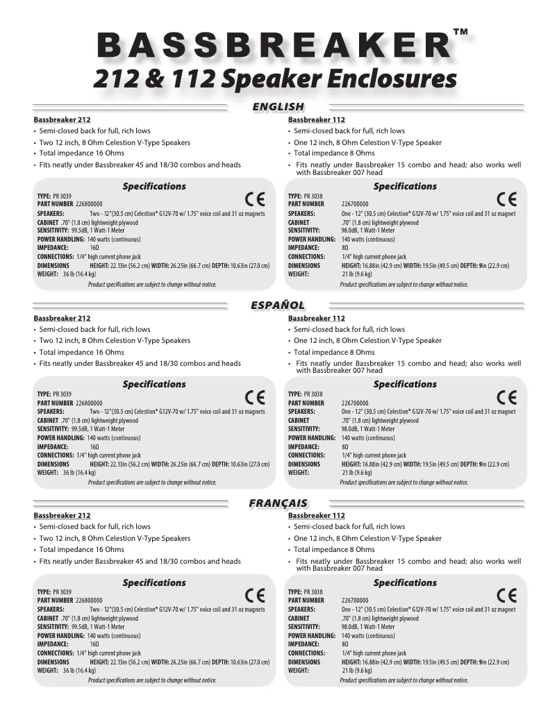 Página nº 1 - Manual de usuario Fender Bassbreaker BB 212 Enclosure