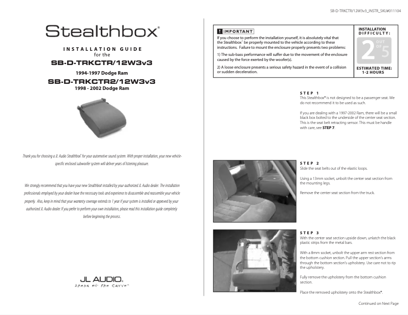 Página 1 del manual Manual de usuario JL Audio Stealthbox SB-D-TRKCTR2/12W3v3