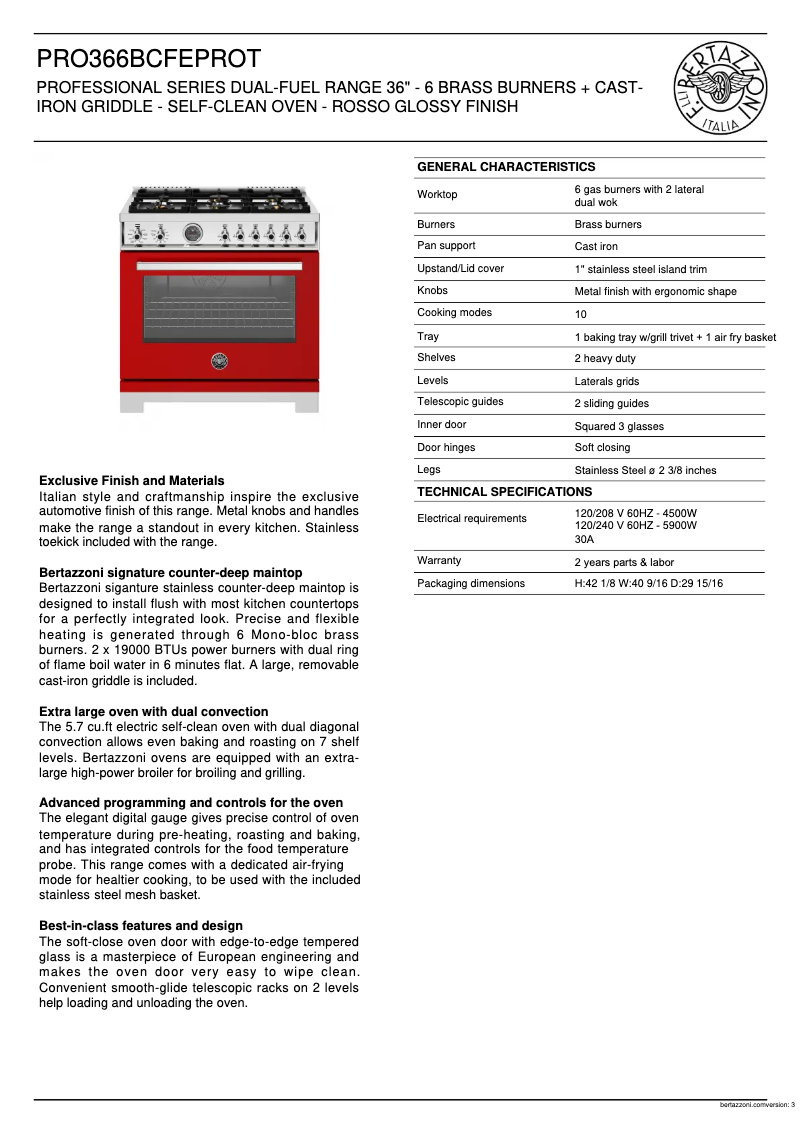 Página 1 del manual Ficha técnica Bertazzoni PRO366BCFEPROT