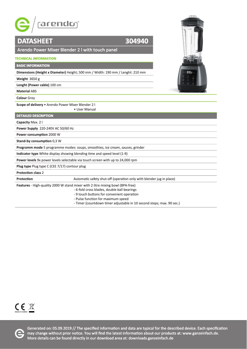 Página 1 del manual Ficha técnica Arendo 306855