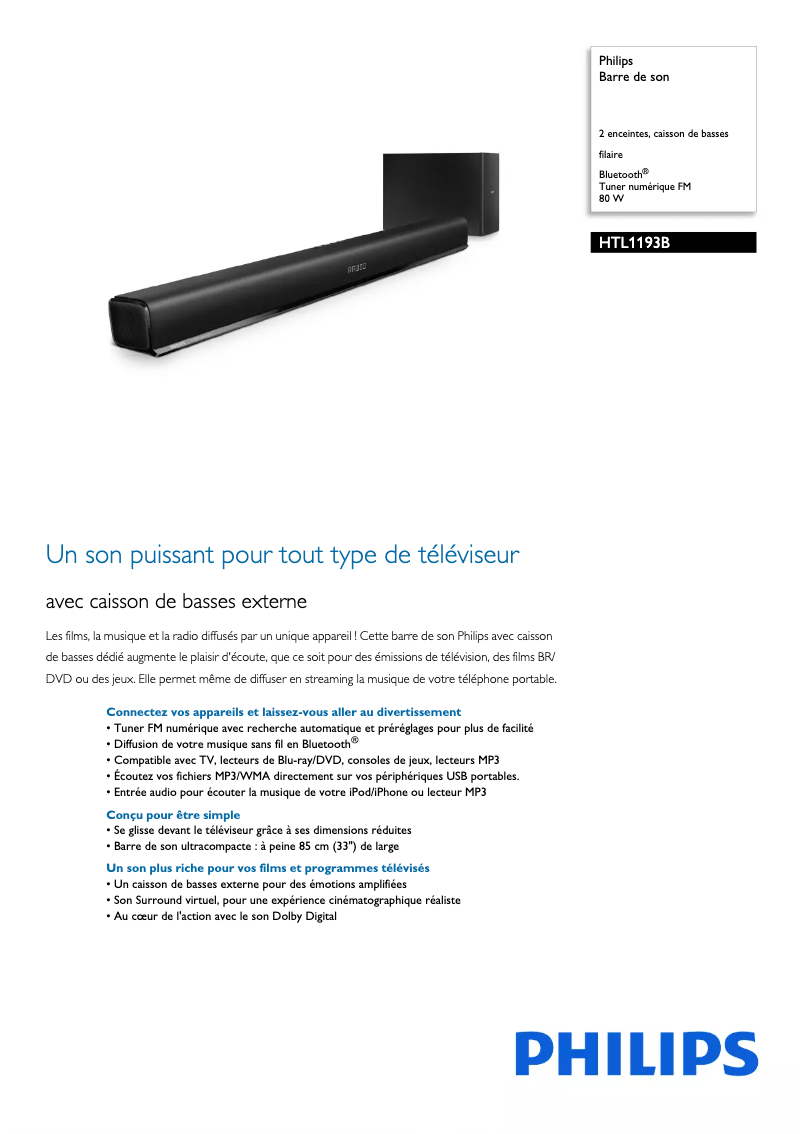 Página 1 del manual Ficha técnica Philips HTL1193B