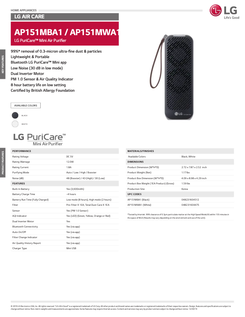 Página 1 del manual Ficha técnica LG PuriCare Mini AP151MBA1