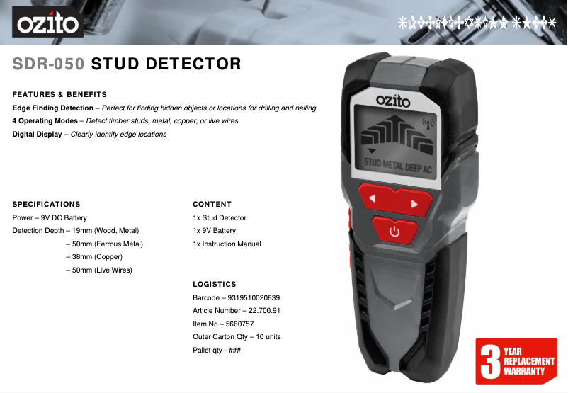 Página 1 del manual Ficha técnica Ozito SDR-050