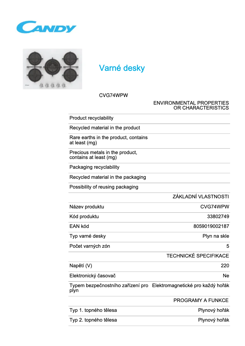 Imagen de la primera página del manual del dispositivo CVG74WPW