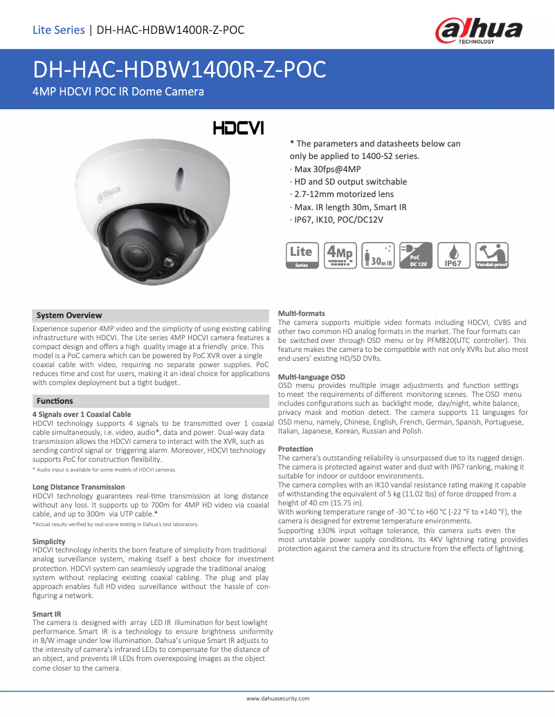 Página nº 1 - Ficha técnica Dahua Technology HAC-HDBW1400R-Z-POC