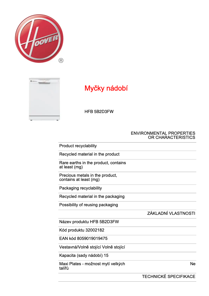 Página 1 del manual Ficha técnica Hoover H-DISH 500 HFB 5B2D3FW