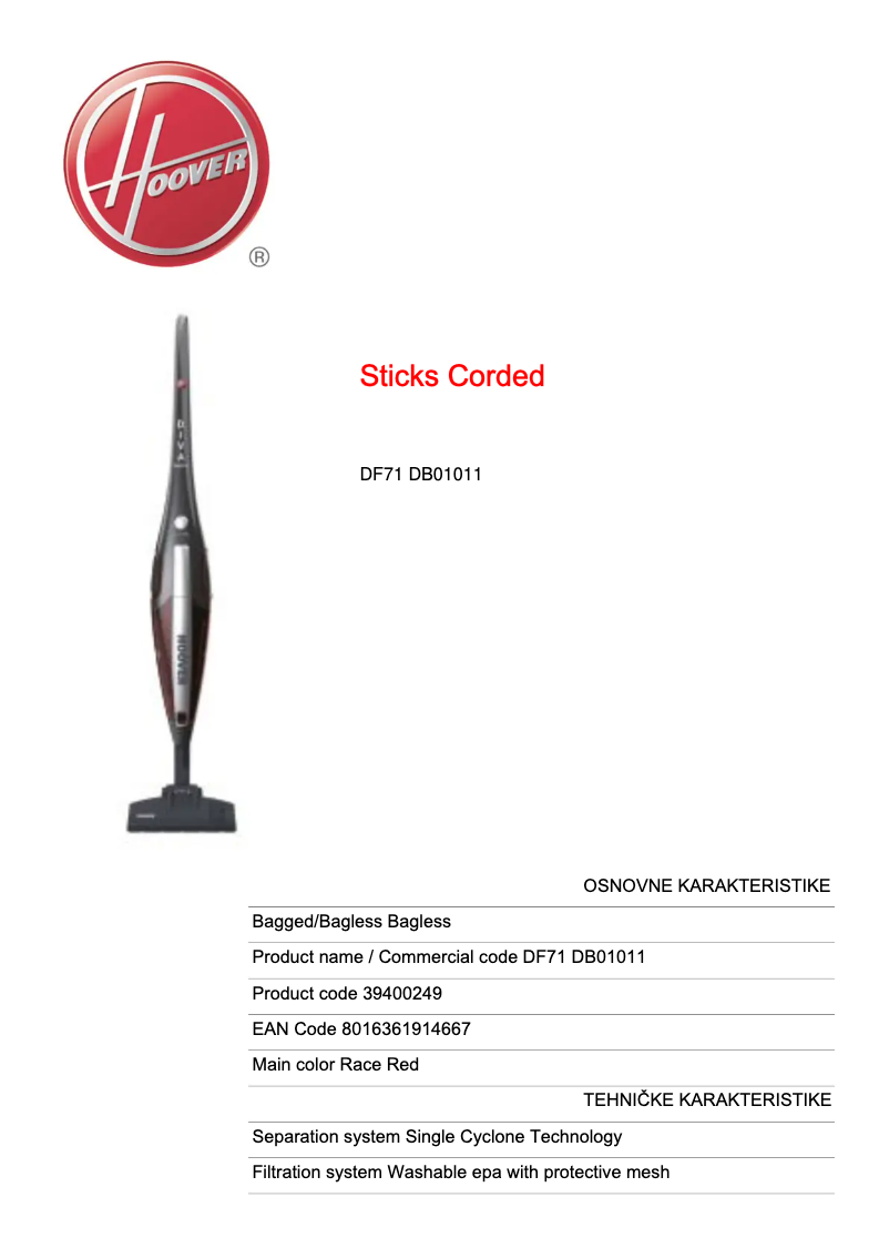 Página 1 del manual Ficha técnica Hoover DF71 DB02011