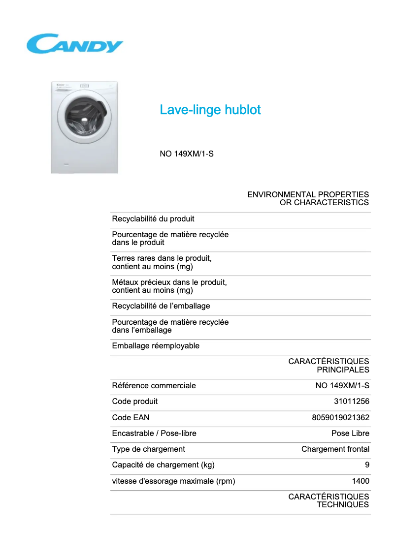 Página 1 del manual Ficha técnica Candy NO 149XM/1-S