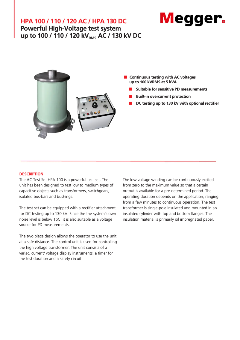 Página 1 del manual Ficha técnica Megger HPA 100 AC