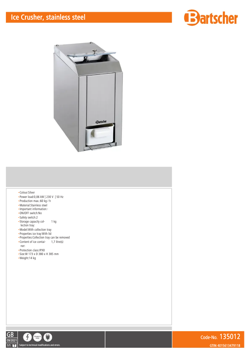 Página 1 del manual Ficha técnica Bartscher 135012