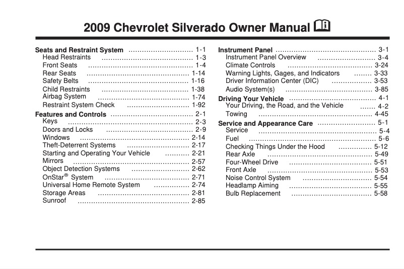 Página 1 del manual Manual de usuario Chevrolet Silverado LD (2009)