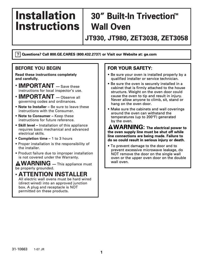 Imagen de la primera página del manual del dispositivo JT930WHWW