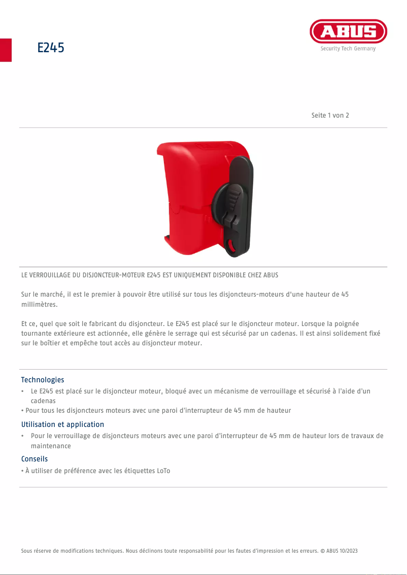 Página 1 del manual Ficha técnica Abus E245