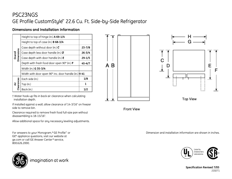 Página 1 del manual Ficha técnica GE Profile CustomStyle PSC23NGSWW