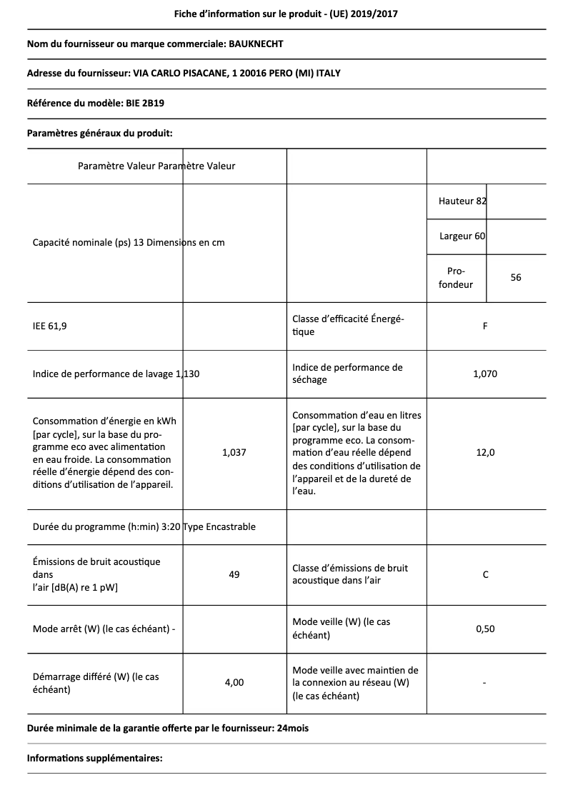 Página 1 del manual Ficha técnica Bauknecht BIE 2B19