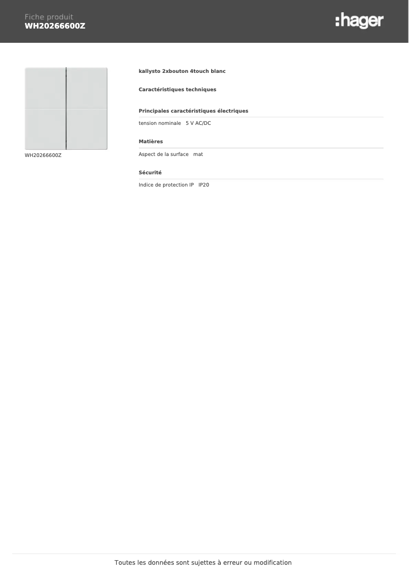 Página 1 del manual Ficha técnica Hager WH20266600Z