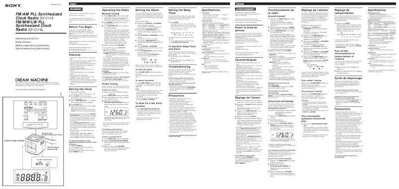 Imagen de la primera página del manual del dispositivo ICF-C113