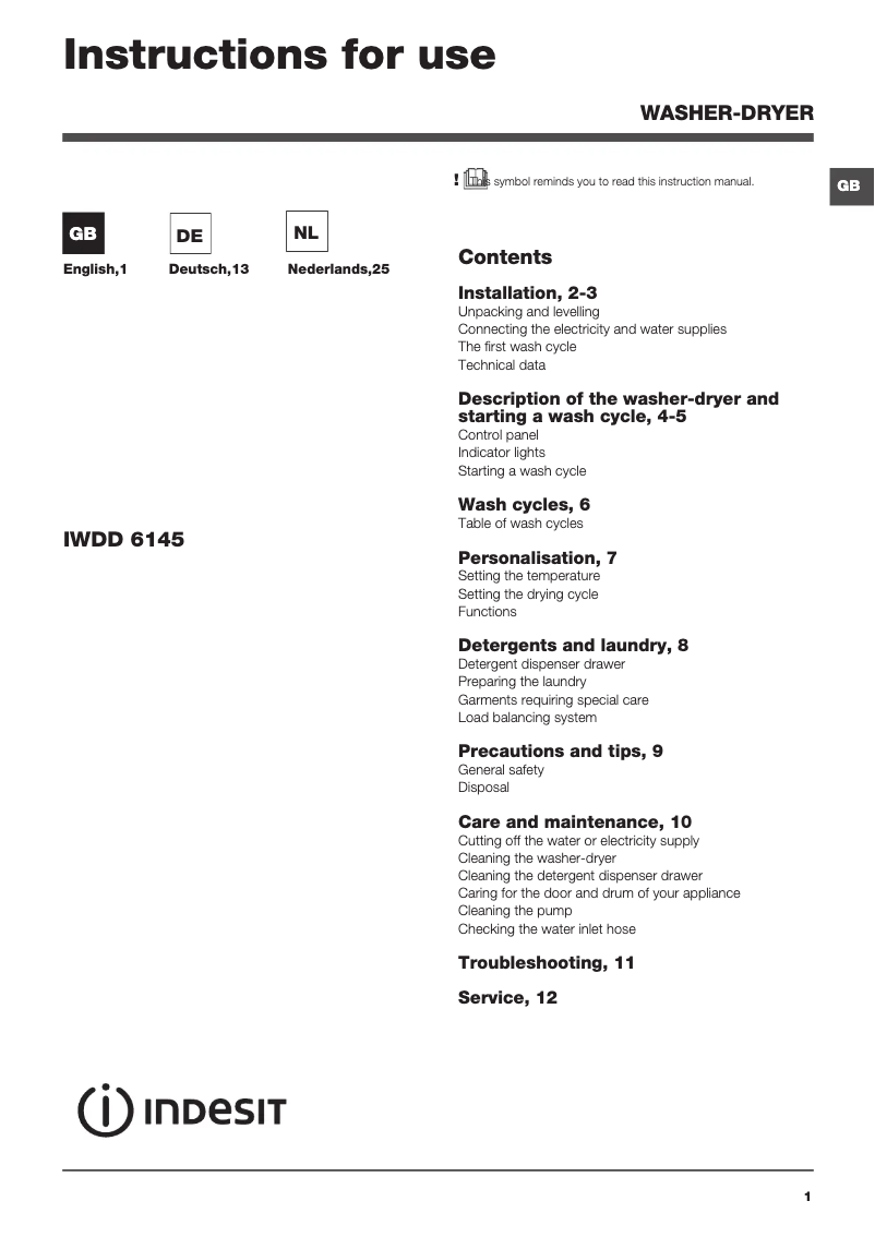 Imagen de la primera página del manual del dispositivo IWDD 6145