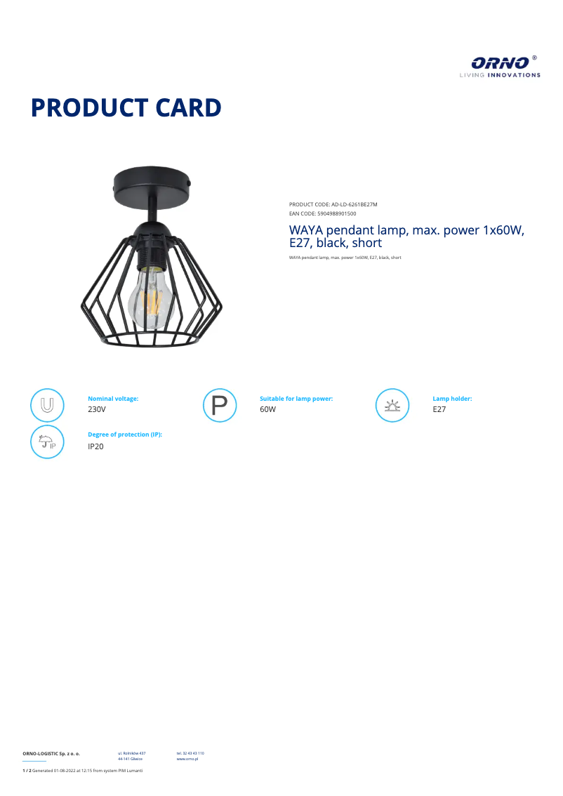 Página 1 del manual Ficha técnica Adviti AD-LD-6261BE27M