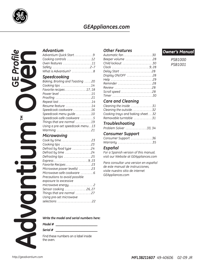 Imagen de la primera página del manual del dispositivo Advantium PSB1000