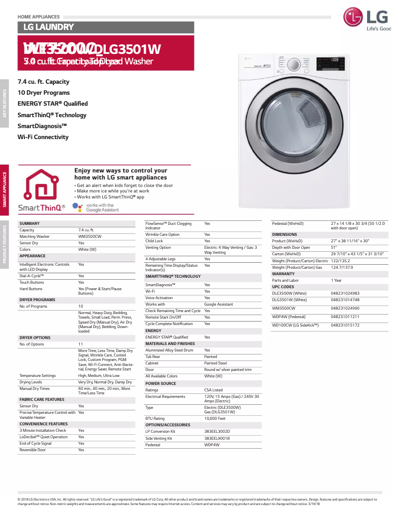 Página 1 del manual Ficha técnica LG DLE3500W