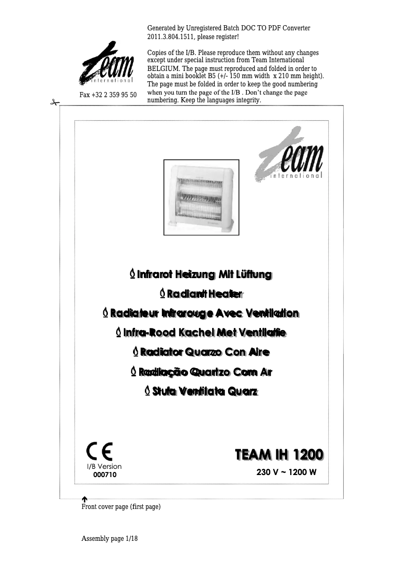 Imagen de la primera página del manual del dispositivo IH 1200