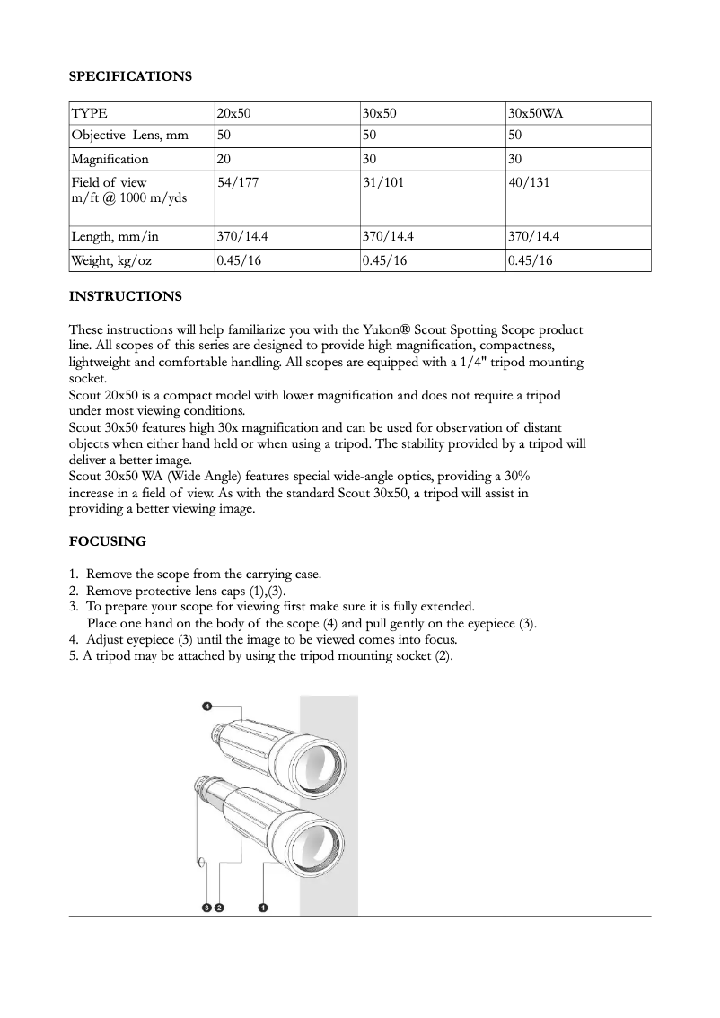 Página nº 1 - Manual de usuario Yukon Scout 30x50WA