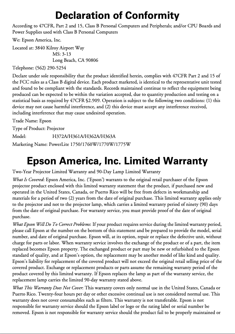 Página 1 del manual Información de garantía Epson PowerLite 1775W