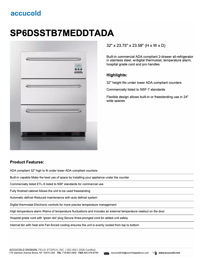 Página 1 del manual Ficha técnica Summit Accucold SP6DSSTB7MEDDTADA